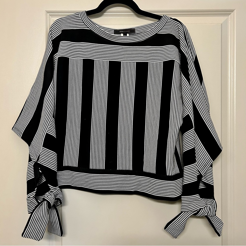 BCBG Striped Blouse with Tie Sleeves